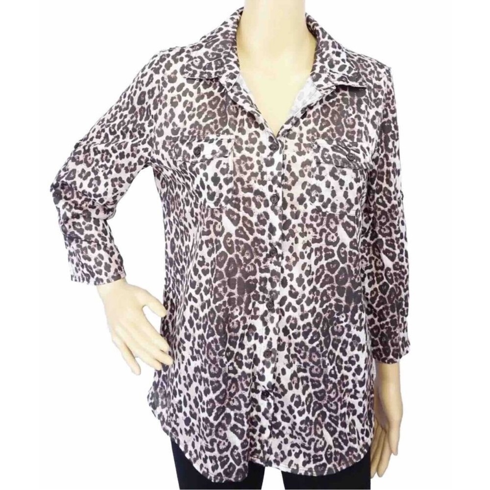French Laundry Leopard Print Button Up Top Womens Size M Collared 3/4 Sleeve - Picture 2 of 5